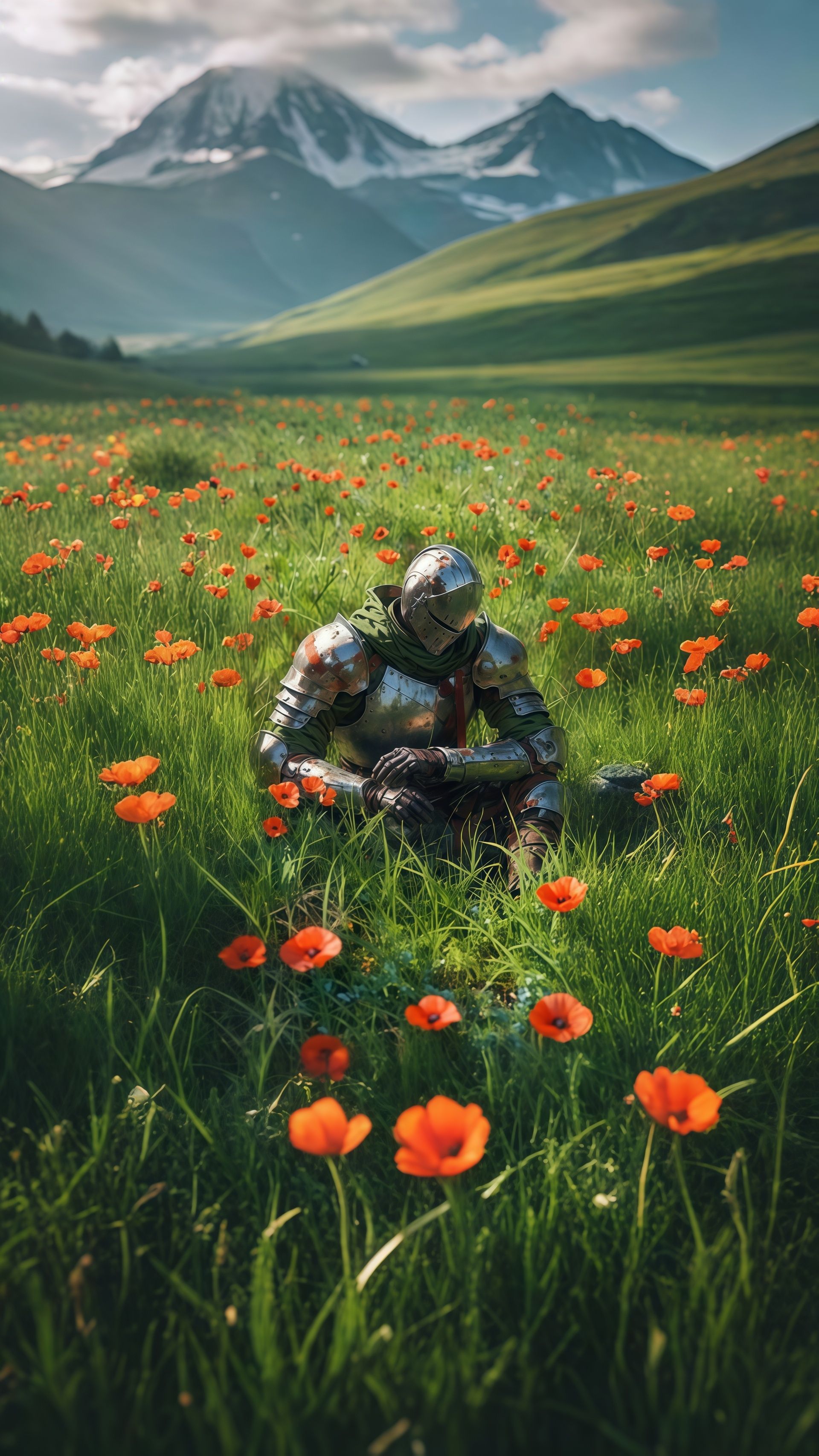 Knight in Poppy Field Mountain Live Wallpaper
