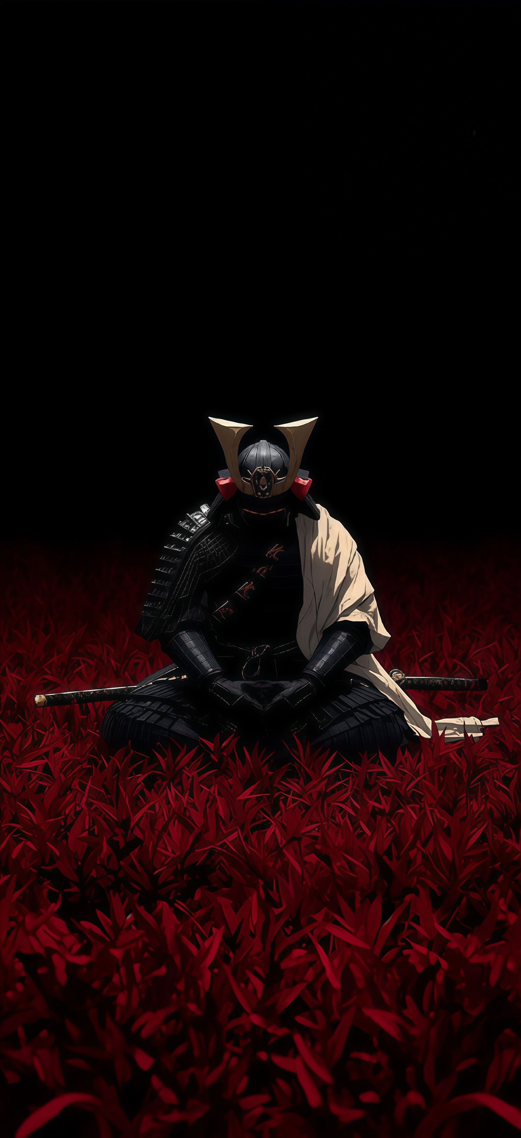 Meditating Samurai Red Grass Wallpaper