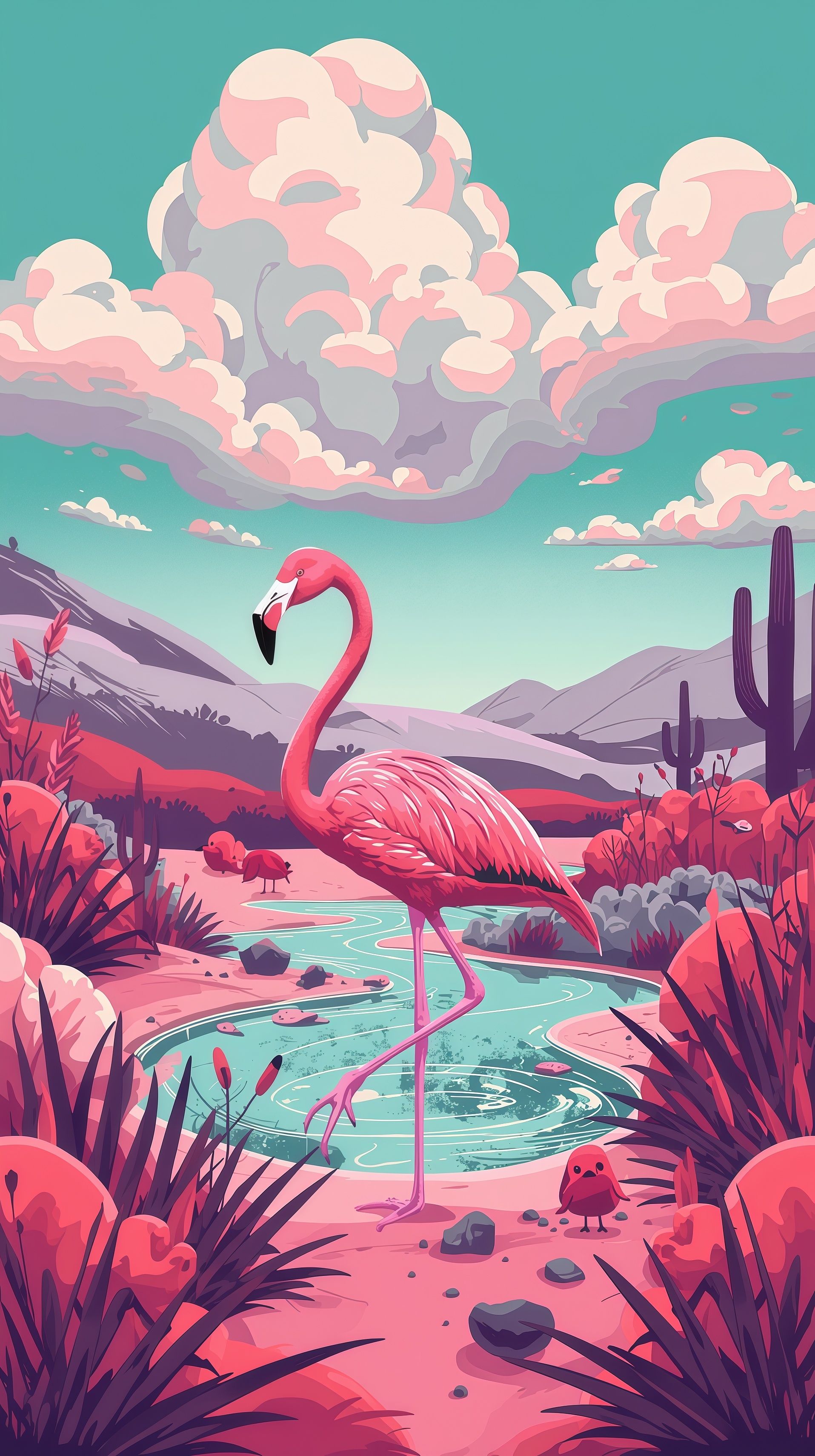 Vibrant Pink Flamingo Desert Stylized Art Wallpaper
